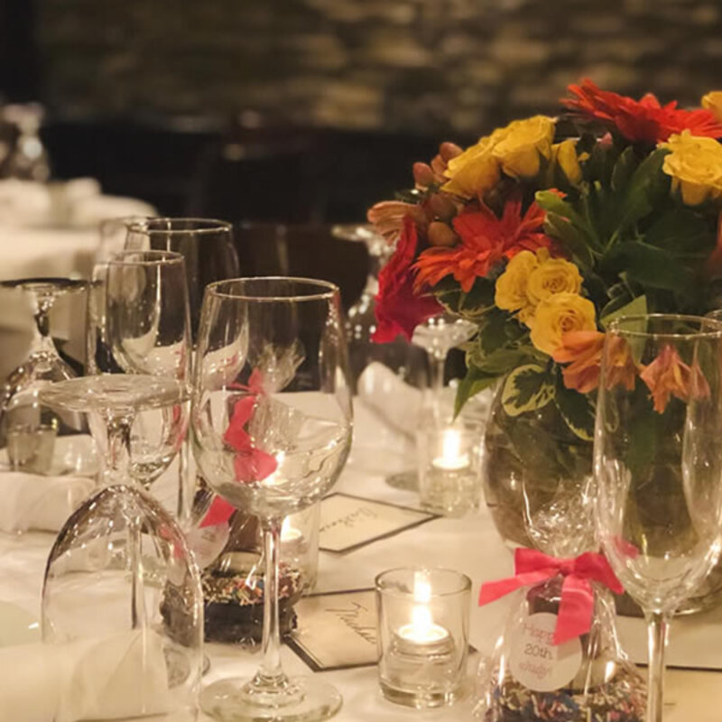 Close up view of party room table with wine glasses and flowers