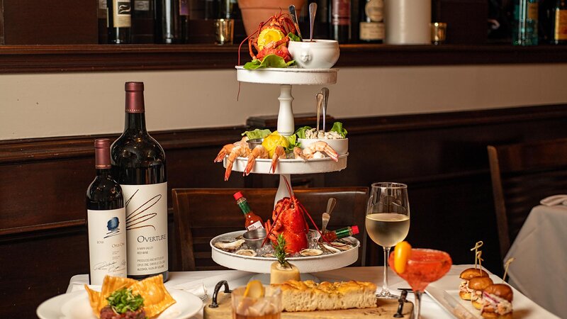 Seafood tower with an assortment of seafood