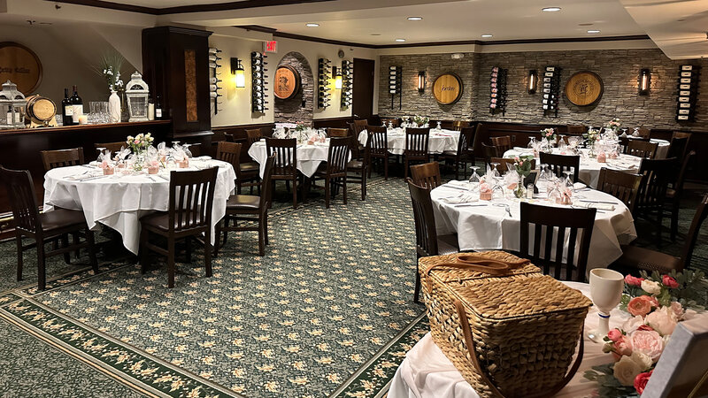 Private party room with many set tables for First Holy Communion